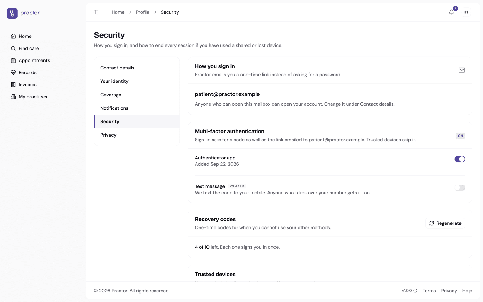 The Security page, with the two methods and recovery codes