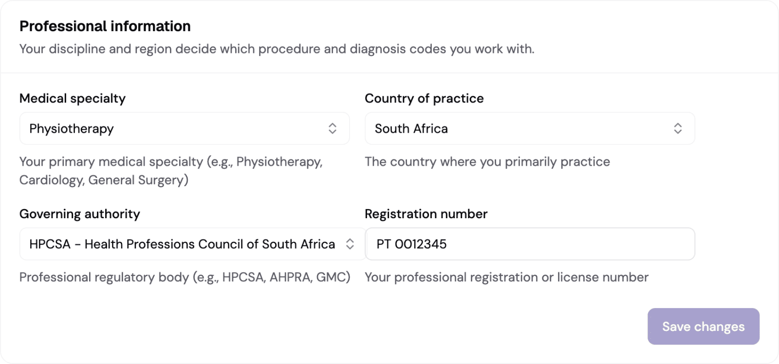 Professional details for a physiotherapist registered with the HPCSA