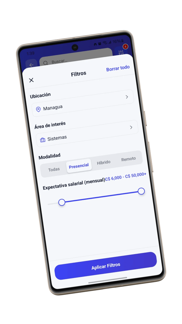 Pantalla de filtros avanzados de búsqueda en Internify
