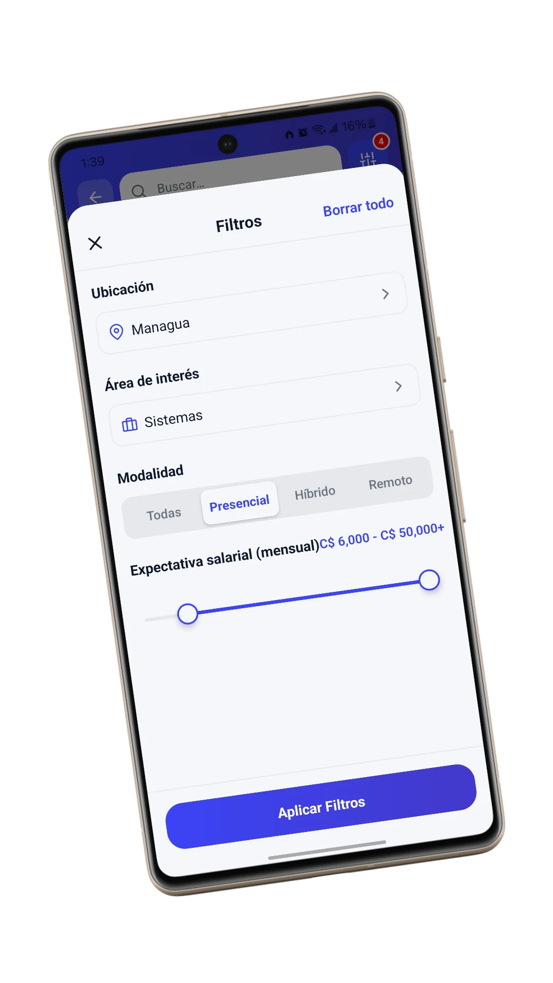 Pantalla de filtros avanzados de búsqueda en Internify