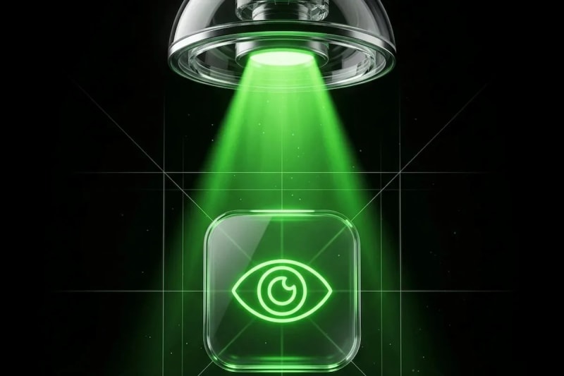 Neon green spotlight illuminating an eye icon — representing the Hook that captures viewer attention