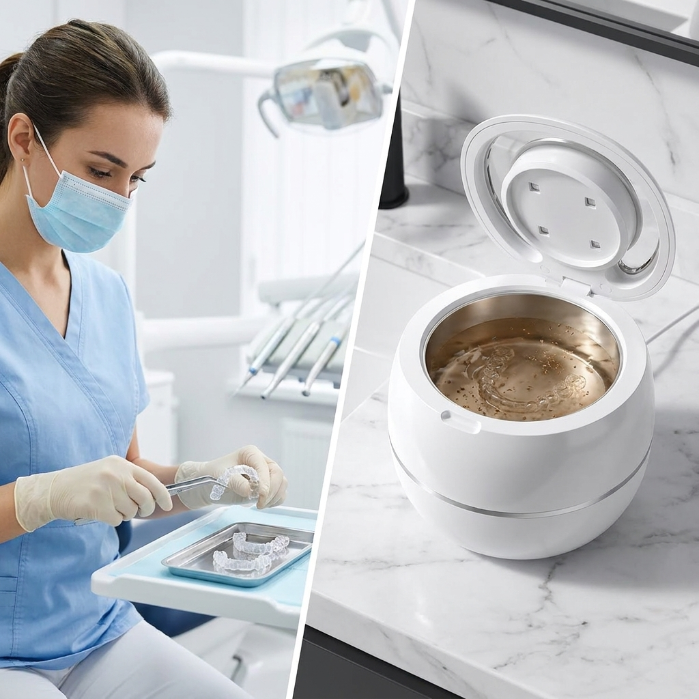 Dental hygienist examining retainer with tweezers