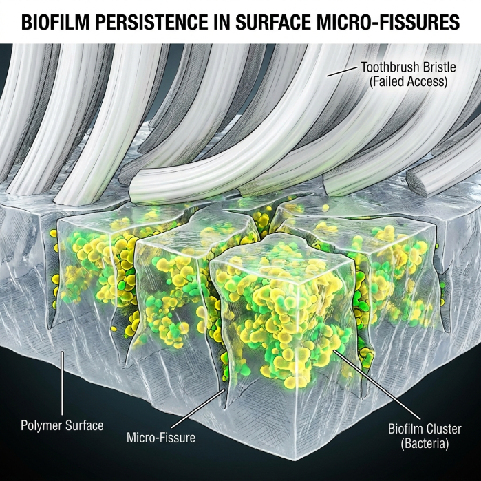 Toothbrush bristle under microscope next to bacteria in retainer grooves