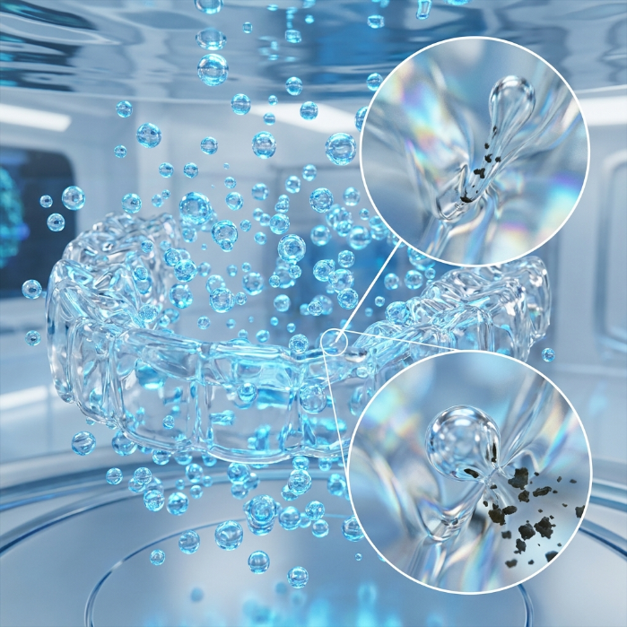 Ultrasonic cavitation bubbles imploding to clean microscopic grooves