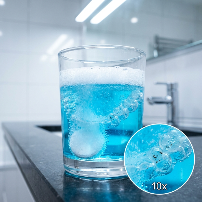 Cleaning tablet fizzing in blue chemical water