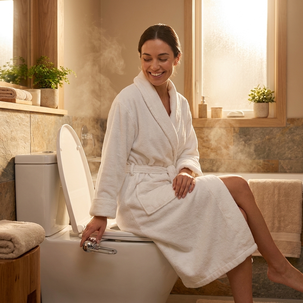 Woman smiling in a bright spa bathroom