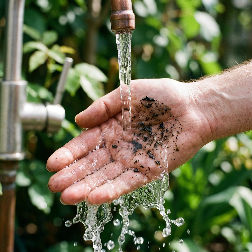Rinsing mud from a hand with water