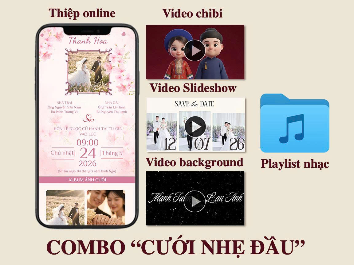 Minh họa combo cưới nhẹ đầu LoveCard: thiệp online, video và album nhạc