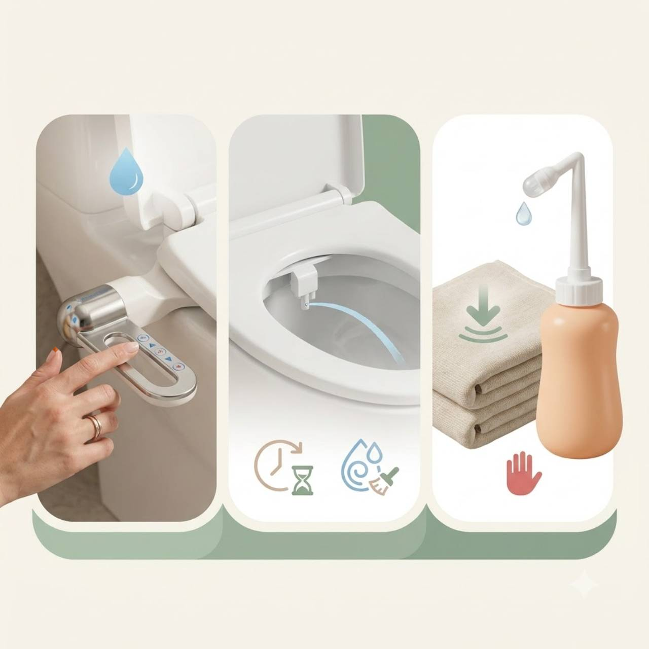Maternal care illustration comparing adjustable rinsing, gentle timing, and peri bottle care