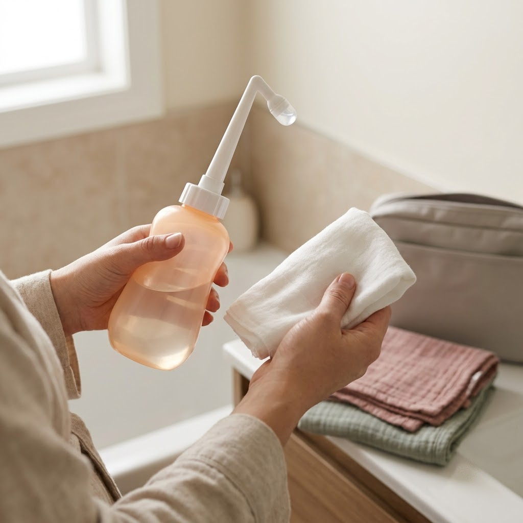 A postpartum mother holding a peri bottle and a soft cloth for gentle care