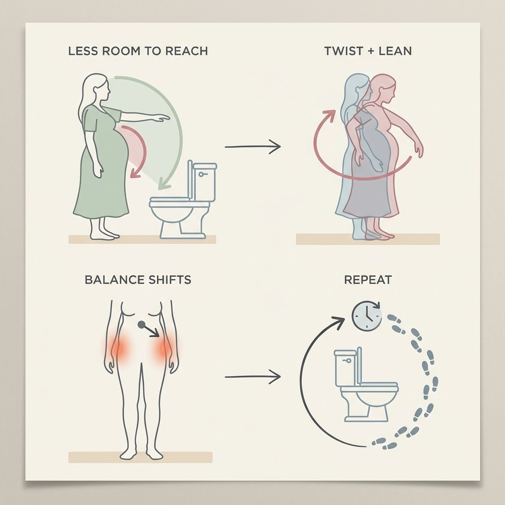Illustration showing how reduced reach leads to twisting, balance shifts, and repeated effort