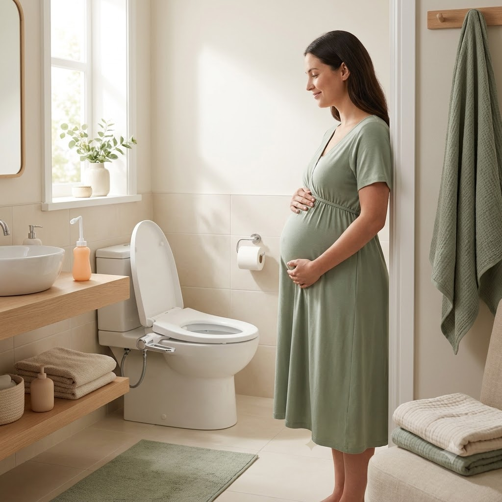A pregnant woman looking at a prepared bathroom with a bidet attachment