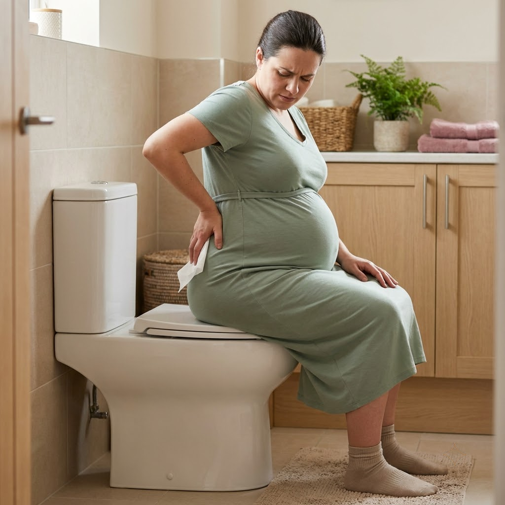 A pregnant woman straining to reach toilet paper during a bathroom visit