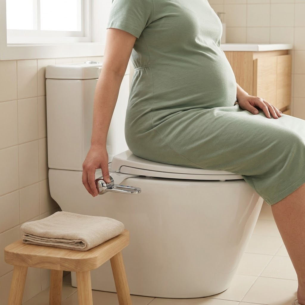 A pregnant woman using the side control of a bidet attachment while seated