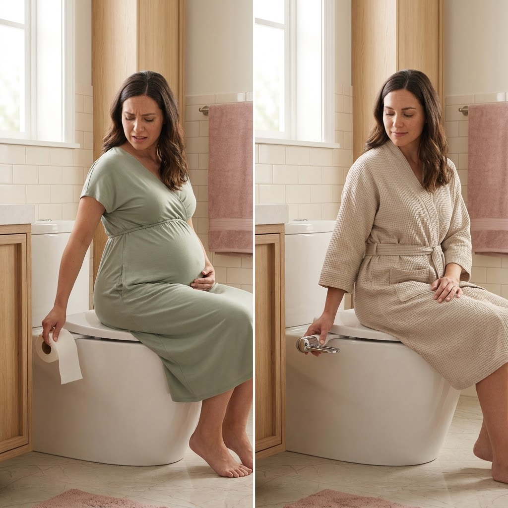 A woman in late pregnancy comparing an awkward bathroom movement with a seated one-knob rinse