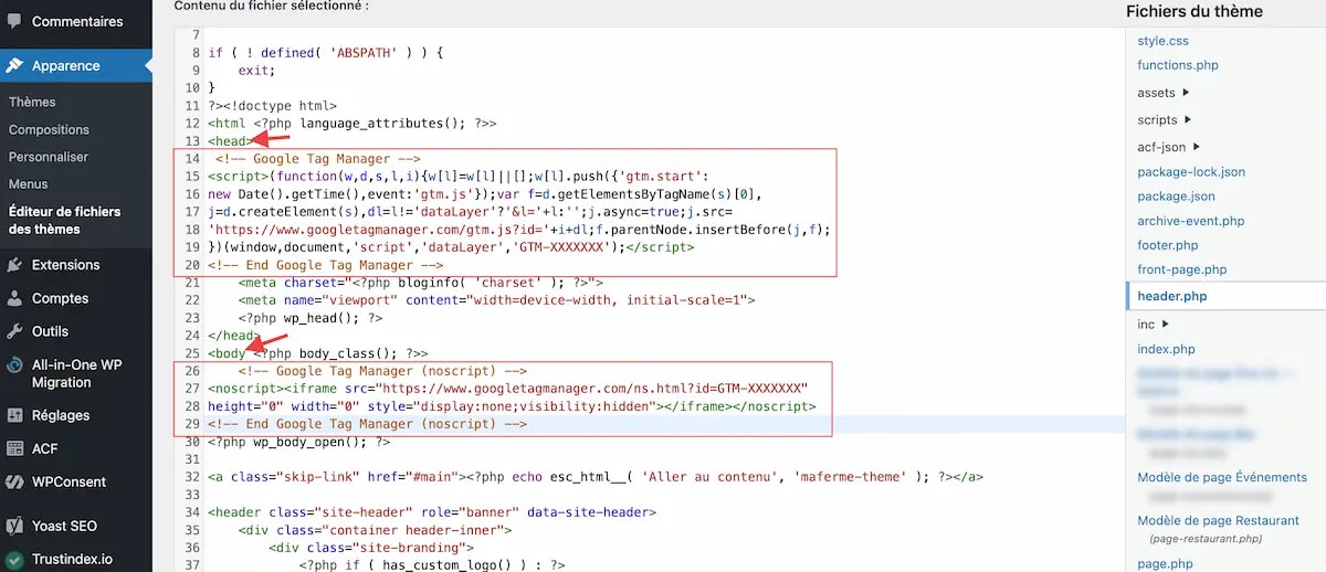 Installation conteneur GTM dans Wordpress