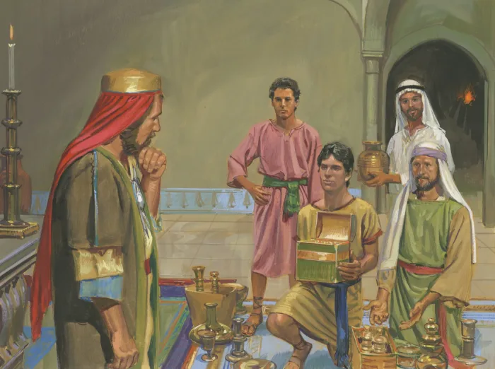 Lehi's Sons Offering Riches to Laban, by Jeffrey Thompson