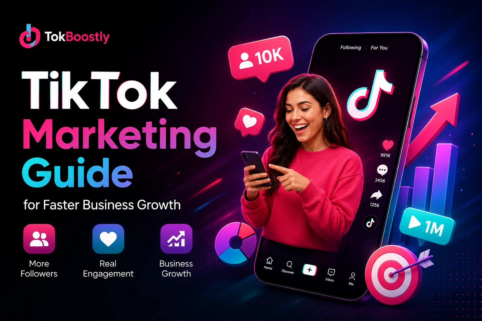 TikTok marketing strategy guide showing growth, engagement and social media icons for business