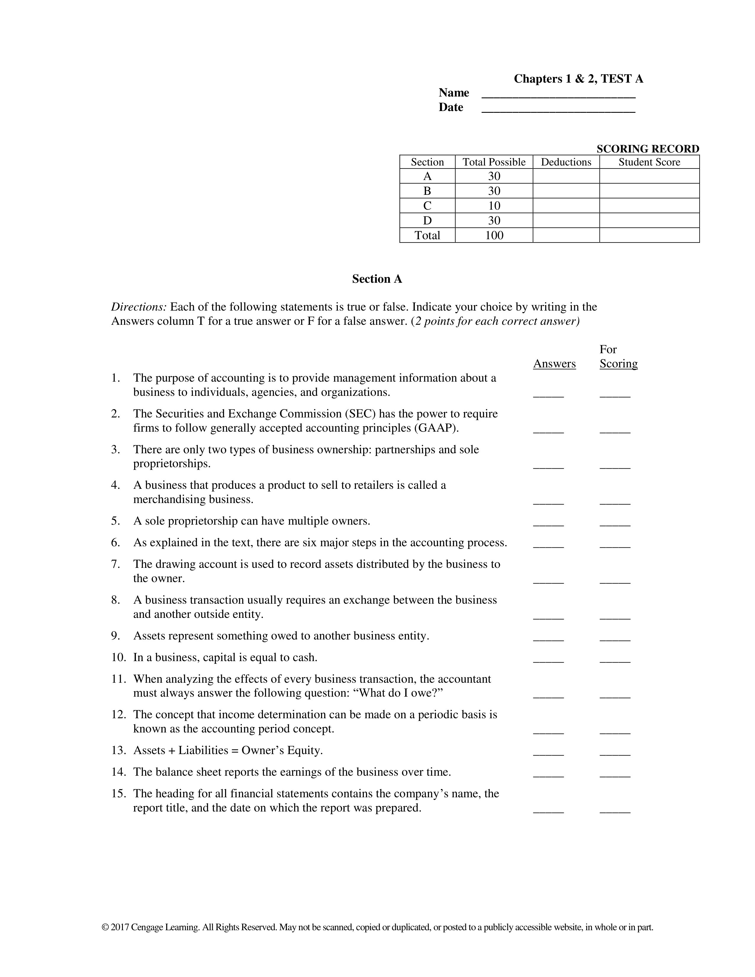 TEST BANK COLLEGE ACCOUNTING CHAPTERS 22ND EDITION HEINTZ ch0102 student final