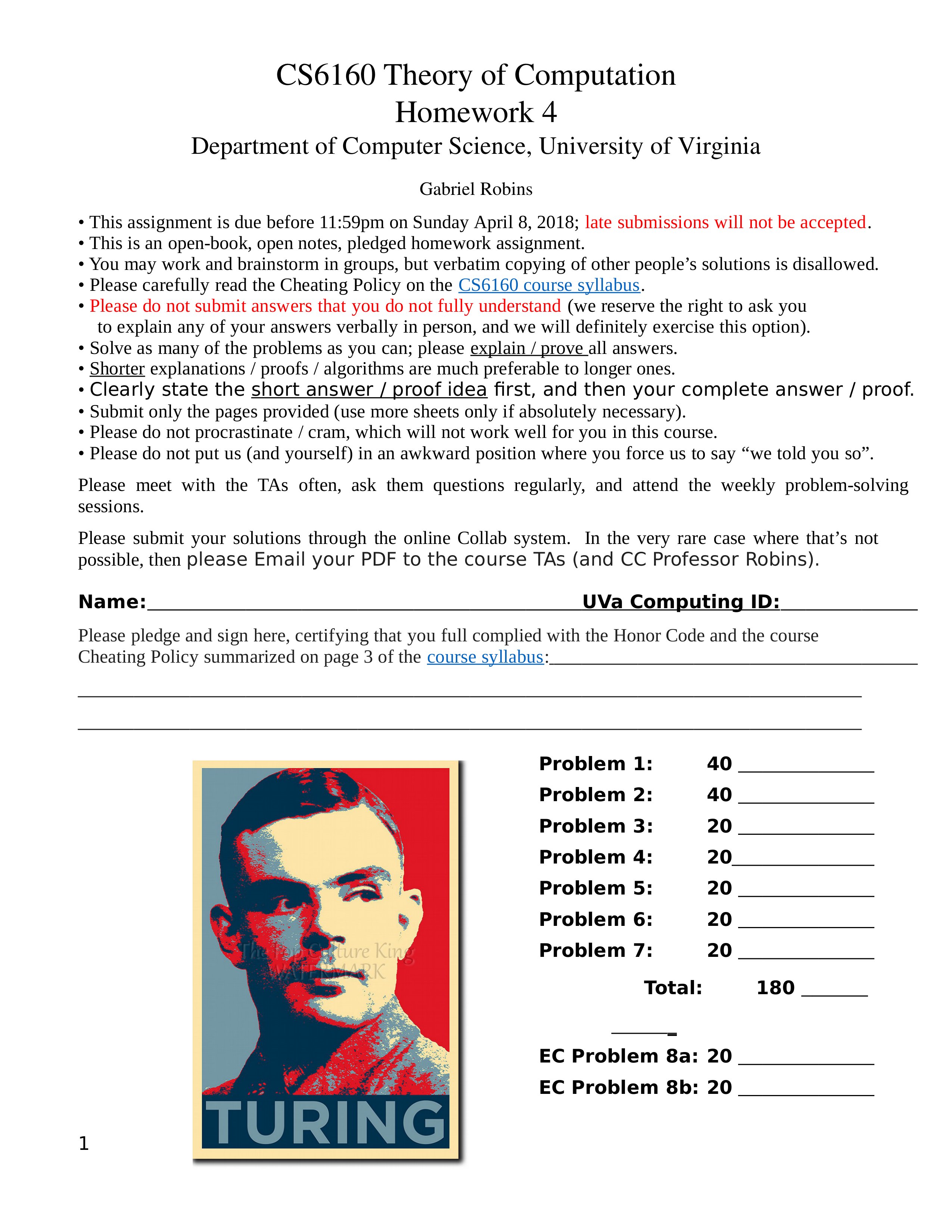 CS6160 Theory of Computation Homework 4 Department of Computer Science, University of Virginia