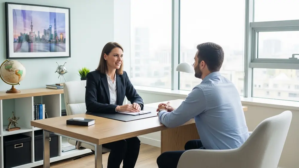 Chuyên viên tại Giải Pháp Visa đang tư vấn dịch vụ làm visa trung quốc, visa đi trung quốc trọn gói cho khách hàng