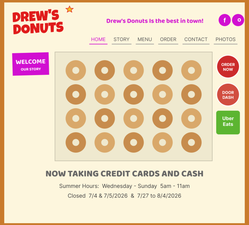 Drew's Donuts old website, cramped with clashing colors and a dated 2009-style layout