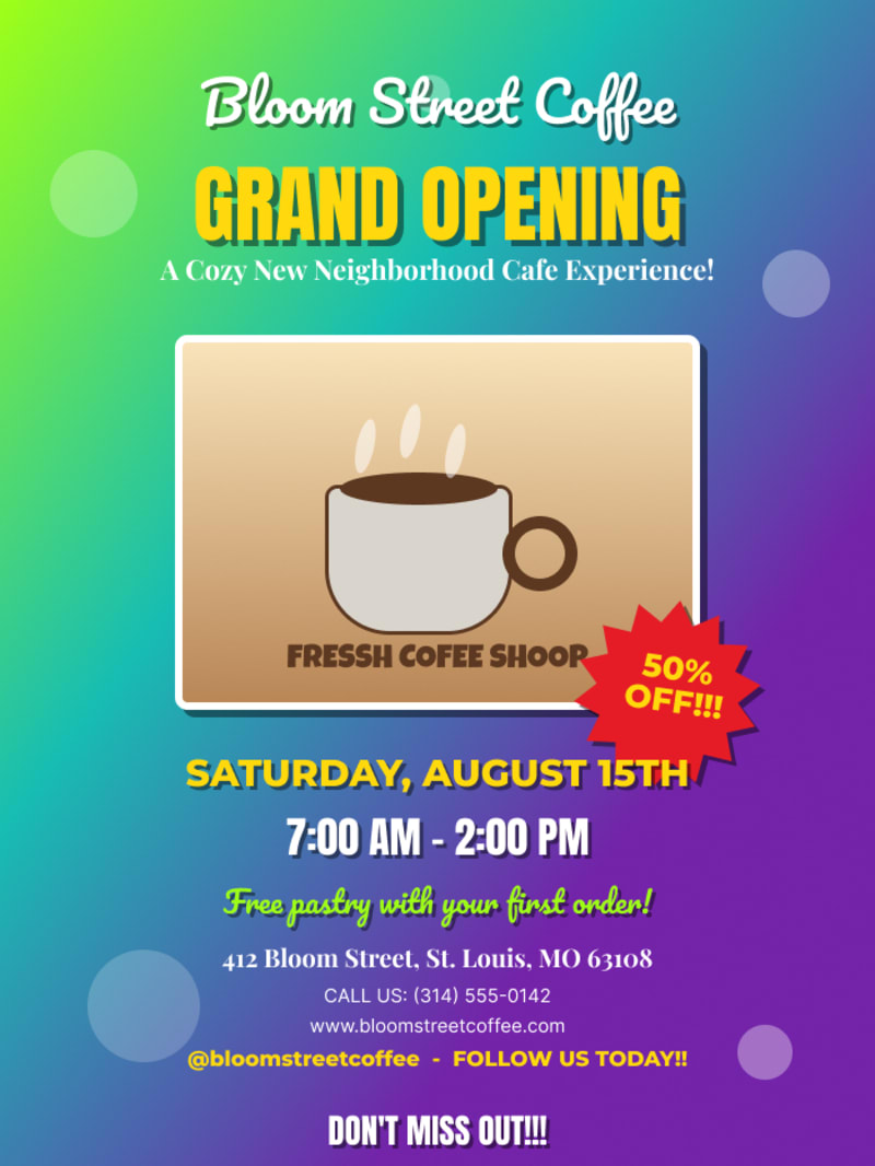 Grand opening flyer generated by AI in one pass: clashing gradient, five fonts, starburst discount badge, garbled text