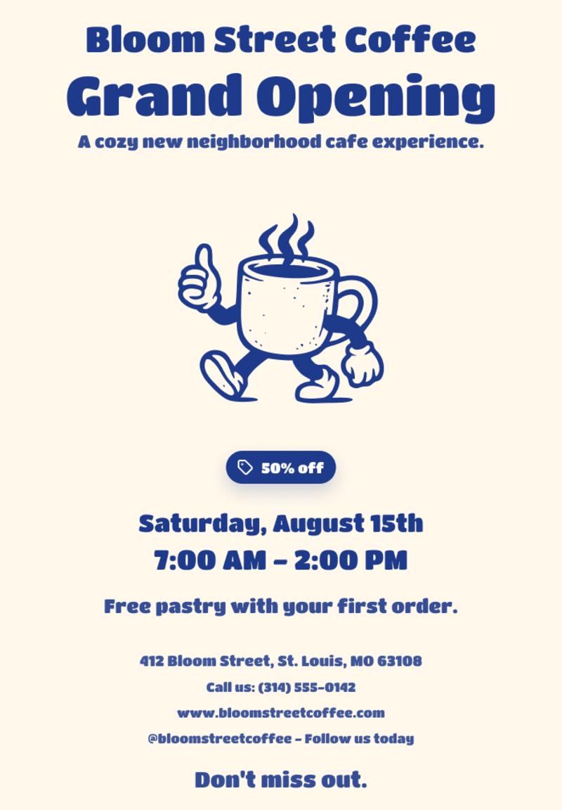 Final flyer: navy on cream, clear hierarchy, the discount reduced to a small pill badge