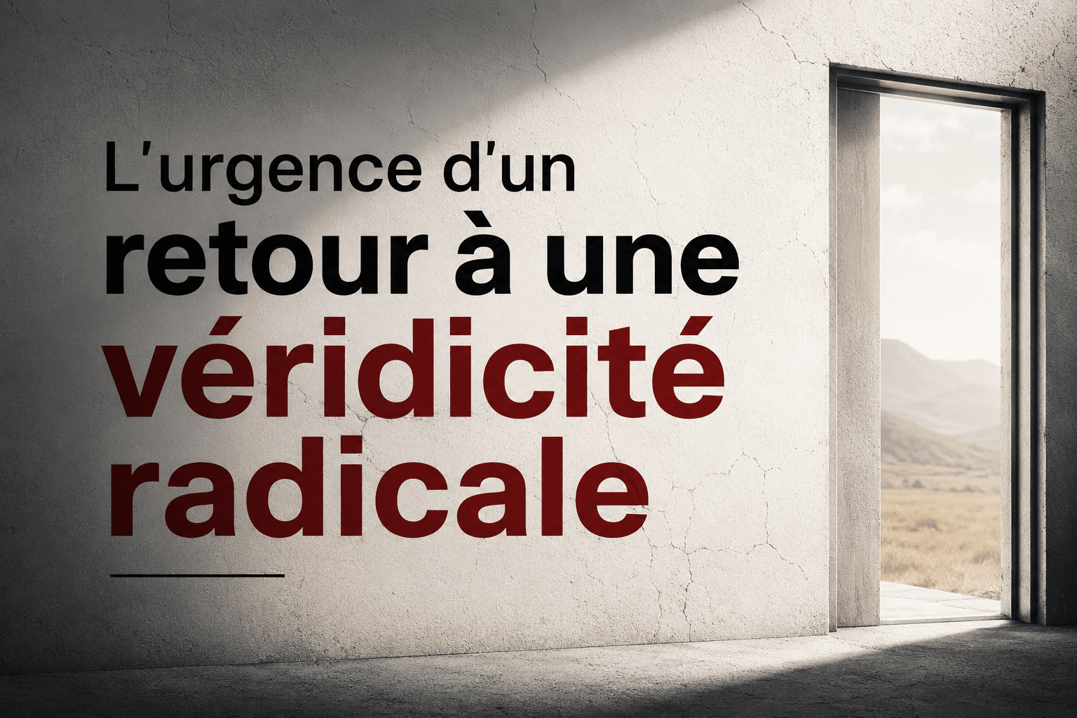 Graphique textuel en noir et blanc avec une touche de bordeaux, affichant le message en français : « L'urgence d'un retour à une véridicité radicale ». Le texte est inscrit sur un mur intérieur épuré et ombragé. À droite, une ouverture rectangulaire semblable à une porte ouverte donne sur un paysage extérieur aride et vallonné. Un curseur de souris blanc est visible au niveau du mot « véridicité ».