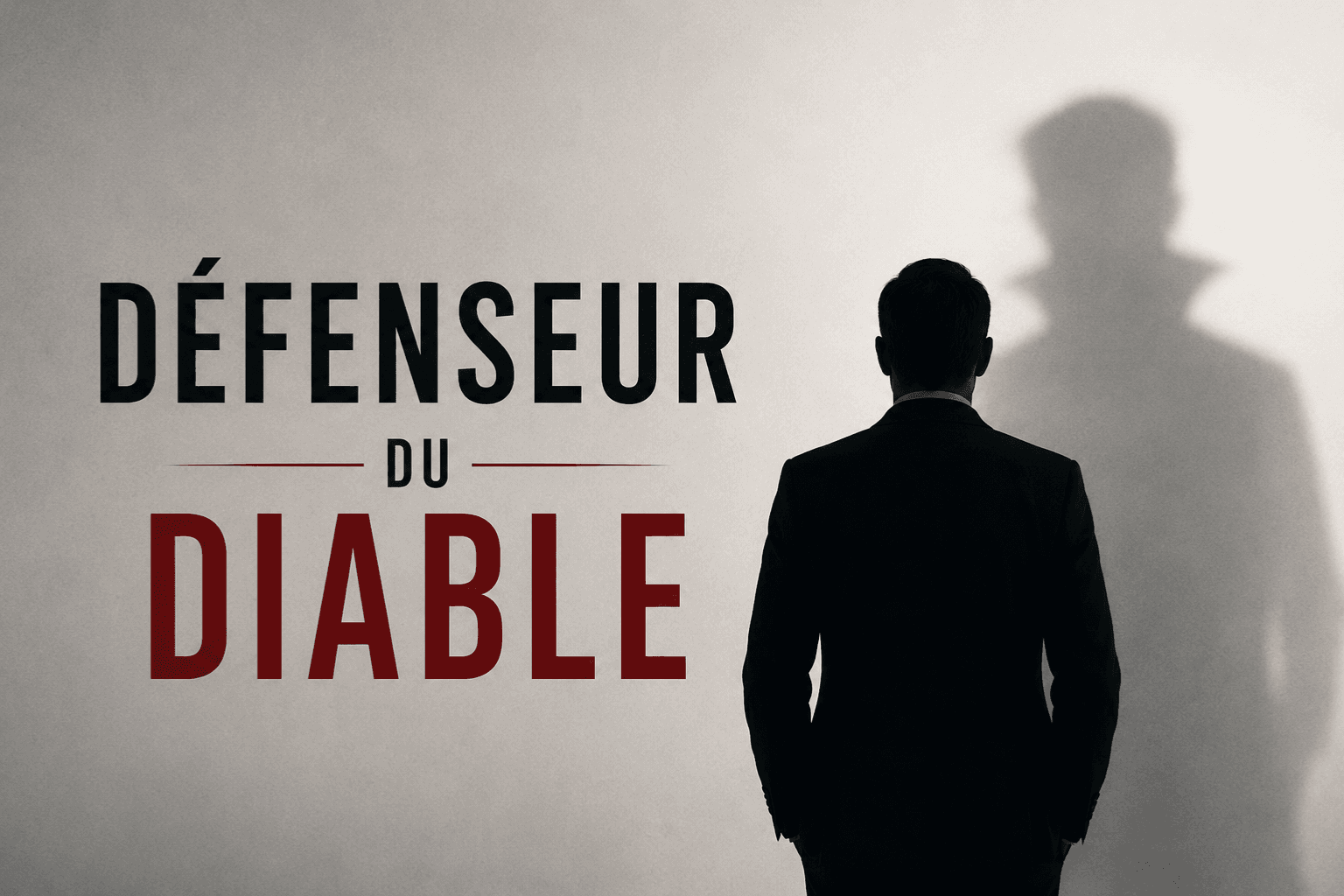Affiche minimaliste et professionnelle sur fond gris clair. À gauche, le titre « DÉFENSEUR DU DIABLE » apparaît en grandes lettres noires et rouges. À droite, un homme en costume vu de dos fait face à un mur où se projette une ombre démoniaque avec des cornes. L'ensemble crée une atmosphère mystérieuse et dramatique, évoquant le conflit entre la justice, la vérité et le mal.