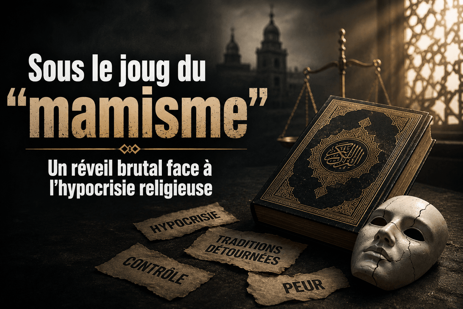 Affiche éditoriale sombre et réaliste au format horizontal. À gauche, le titre « Sous le joug du “mamisme” » apparaît en grandes lettres blanches et dorées, suivi du sous-titre « Un réveil brutal face à l’hypocrisie religieuse ». En arrière-plan, la silhouette sombre de minarets et de dômes se détache dans une atmosphère dramatique. À droite, un livre religieux richement orné repose sous un rayon de lumière traversant une fenêtre aux motifs géométriques. Un masque blanc posé au premier plan symbolise la dissimulation et l’hypocrisie. Autour du masque et du livre, des fragments de papier portent les mots « Richesse », « Pouvoir » et « Manipulation », renforçant le thème de la critique des dérives liées à l’autorité religieuse. L’ensemble utilise des tons noirs, bruns et dorés pour créer une ambiance sérieuse, journalistique et contemplative.