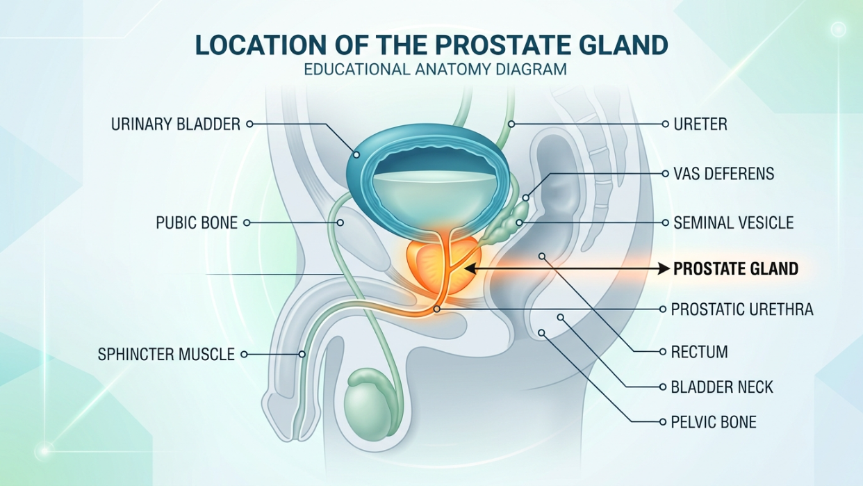 Anatomy diagram showing where the prostate is located