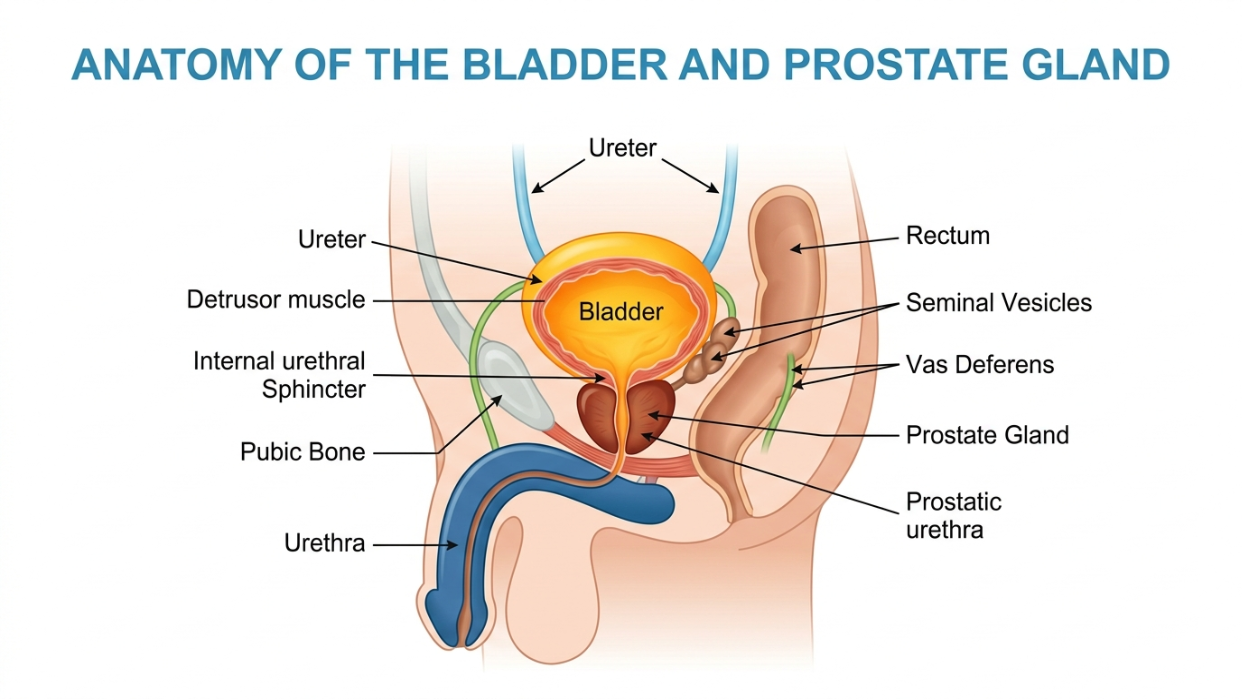 Anatomy diagram showing where the prostate is located