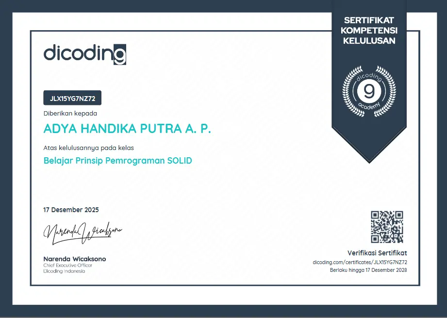 Sertifikat Learn SOLID Programming Principles - dicoding
