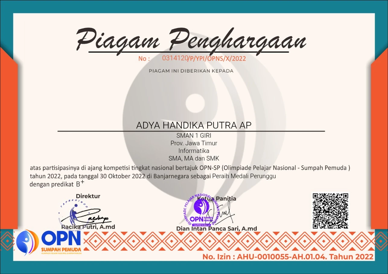 Sertifikat Bronze Medal in Informatics Olympiad - OPN-SP
