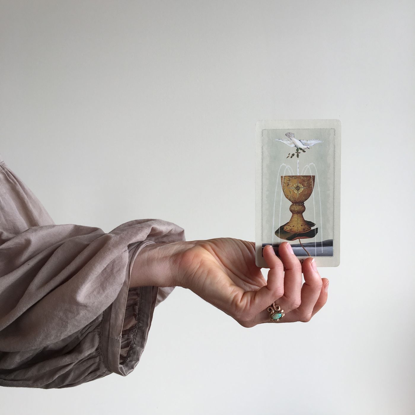 A hand holding a tarot card