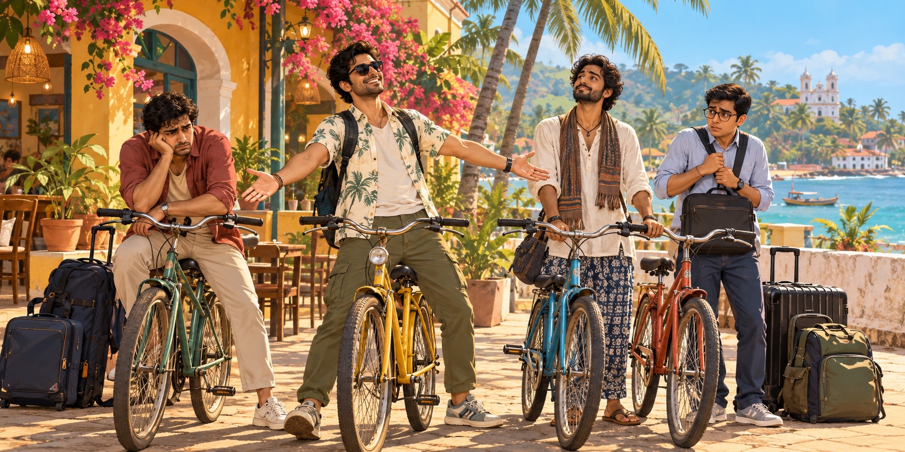 Four friends with luggage react to a row of rental bicycles at a sunny café overlooking the Goa coast.