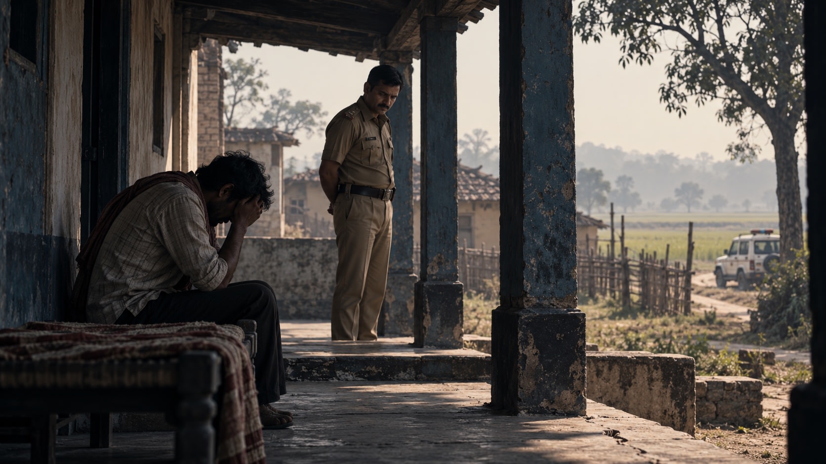 A grieving father sits in shadow while Sub-Inspector Sanjay Singh stands at a respectful distance.
