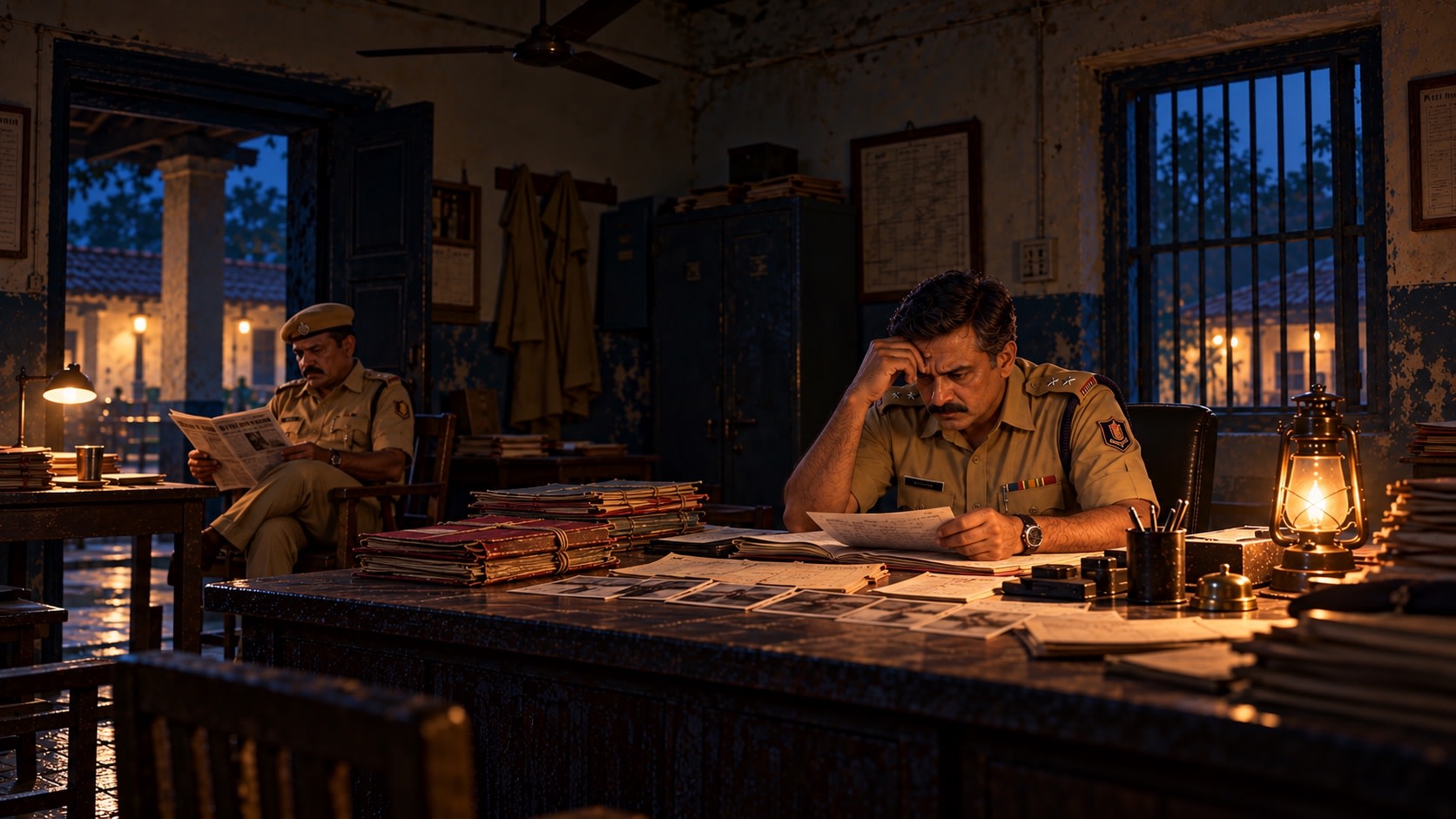 Sanjay studies the old case files while Raghuvir reads a newspaper across the quiet station.