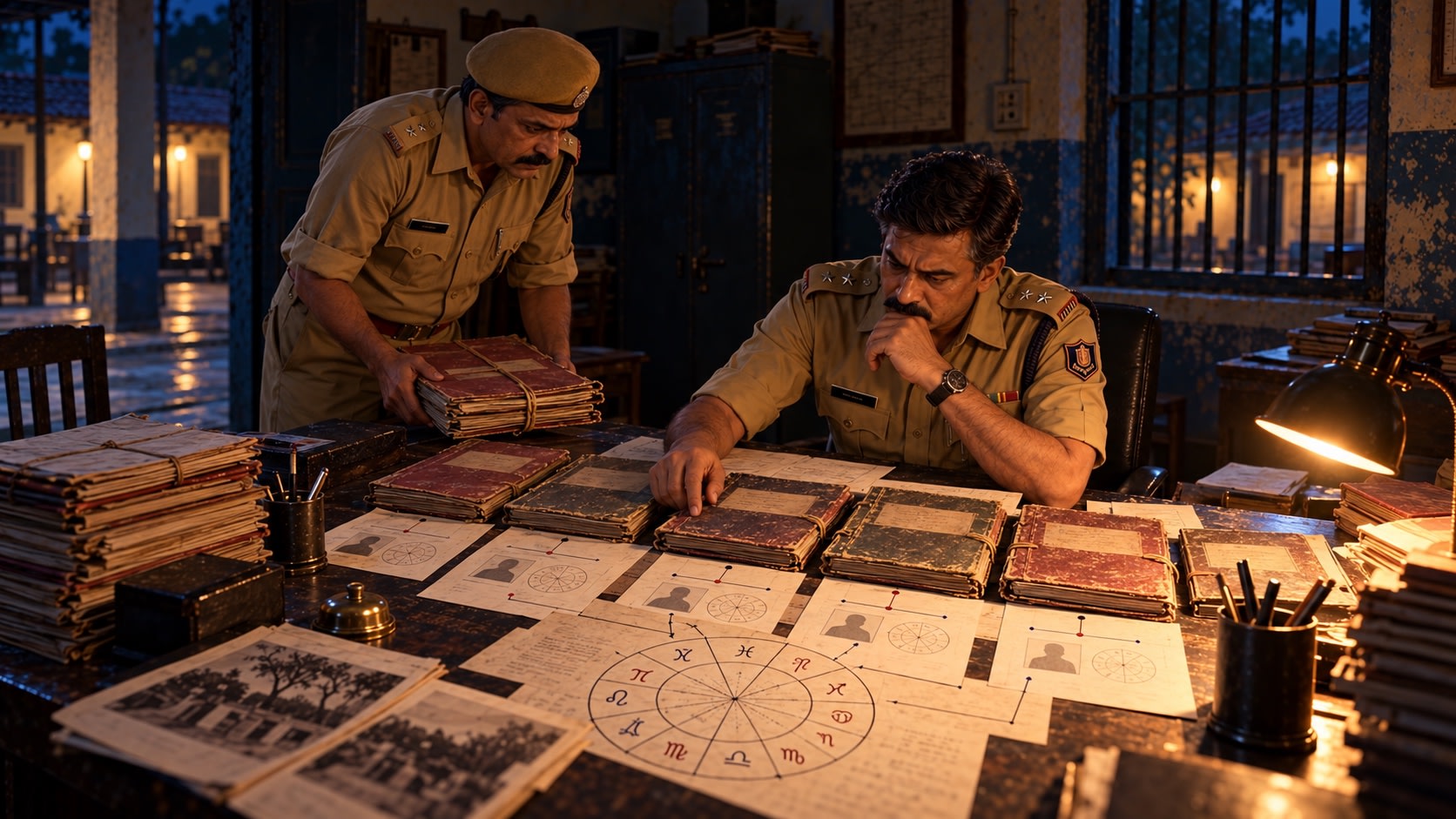 Sanjay arranges five case files while comparing their dates and zodiac signs.