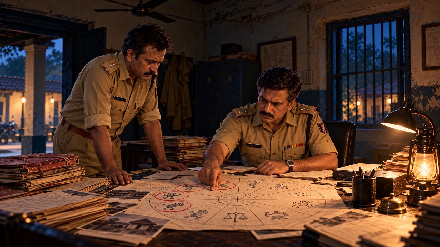Sanjay and Raghuvir trace five marked positions in an unfinished zodiac sequence.