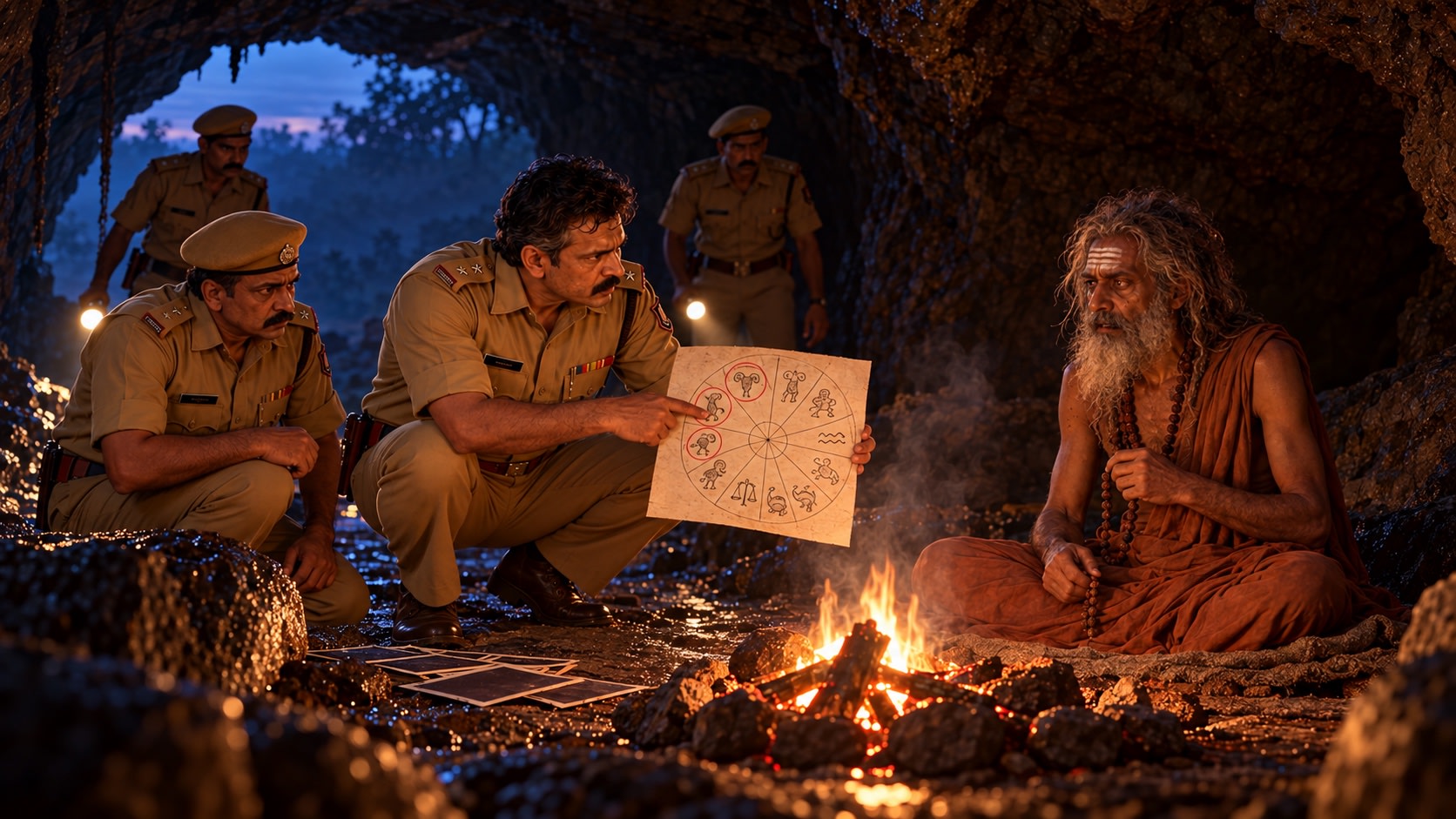Aghornath reacts as Sanjay shows him the zodiac sequence inside the firelit cave.