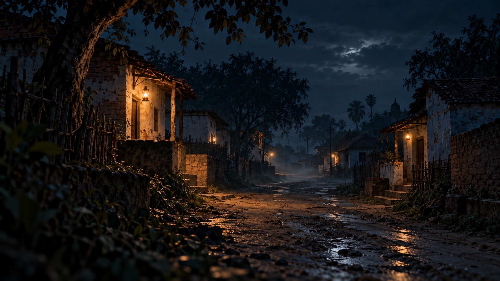 A narrow road through a remote Bihar village at night, lit by a few amber lanterns.