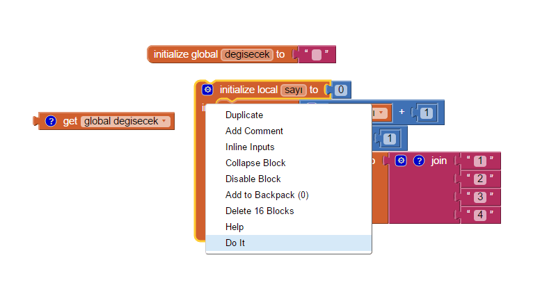 App Inventor 2 de Do it komutu ile kolay blok testi