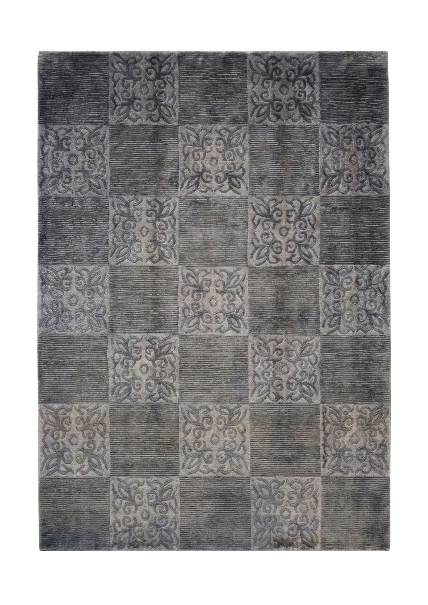 Carved Panel Rug, Iran modern rug, in grey / silver, Silk & Wool, 183 × 274 cm, Nasim Carpets Malaysia — view 1