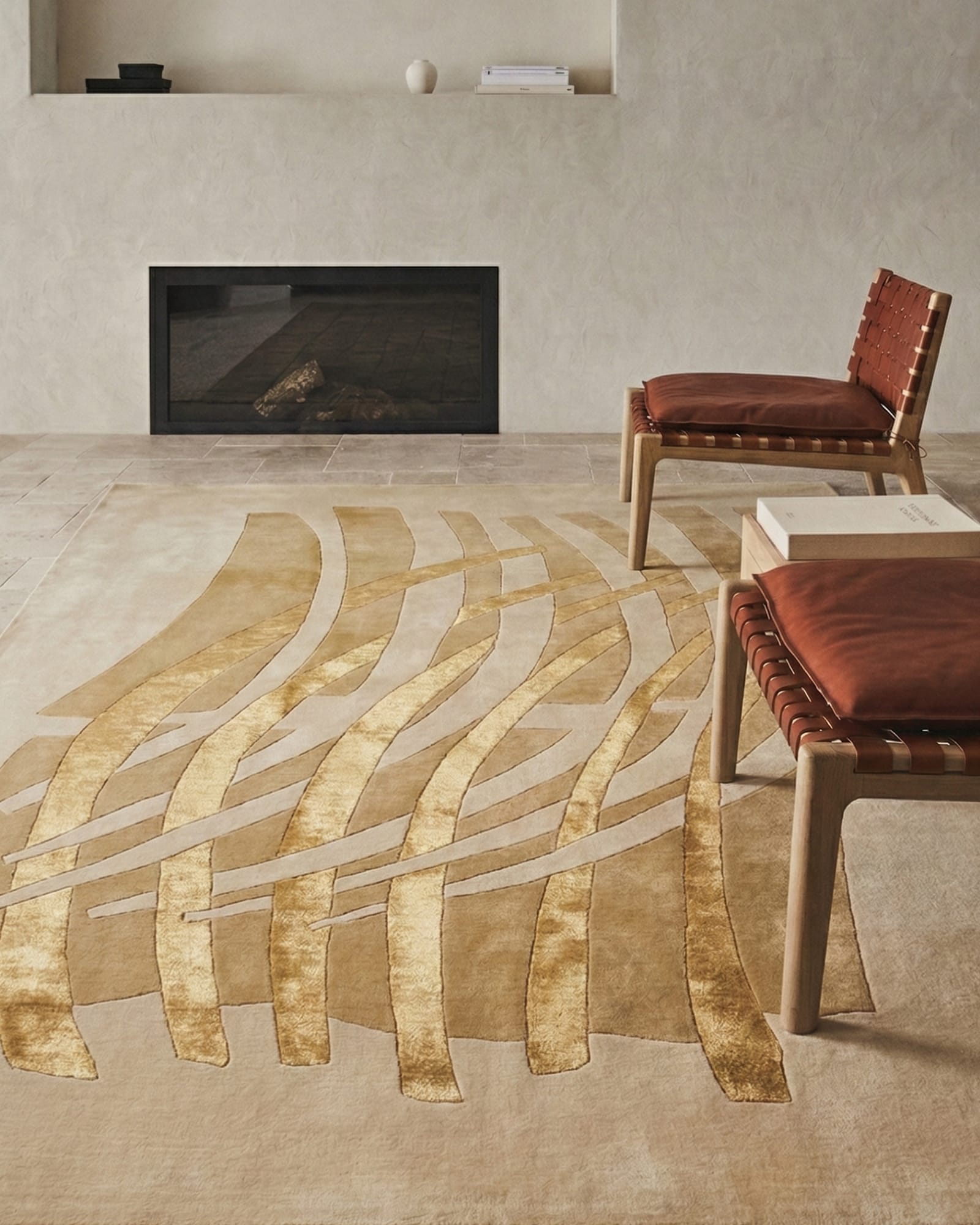 Abstract Ribbon Rug, Iran modern rug, in gold / yellow, Silk & Wool, 183x274 cm, Nasim Carpets Malaysia — view 2
