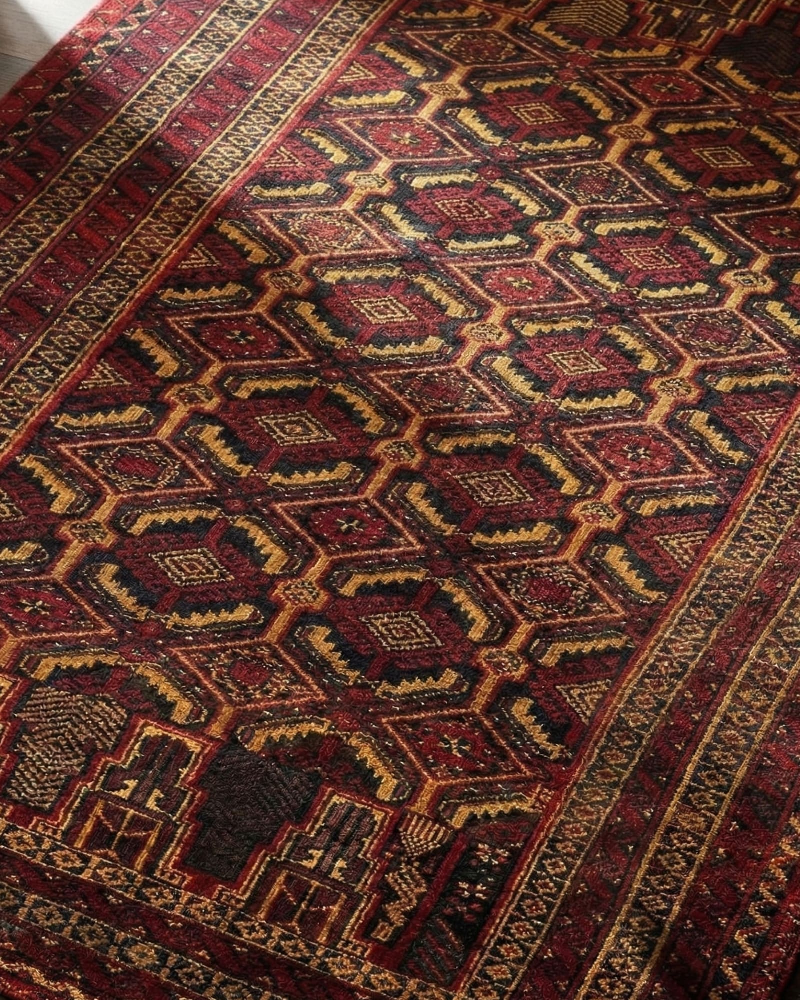 Balochi Prayer Lattice Rug, Balochi tribal rug, in red / burgundy, Wool, 106x213 cm, Nasim Carpets Malaysia — view 2