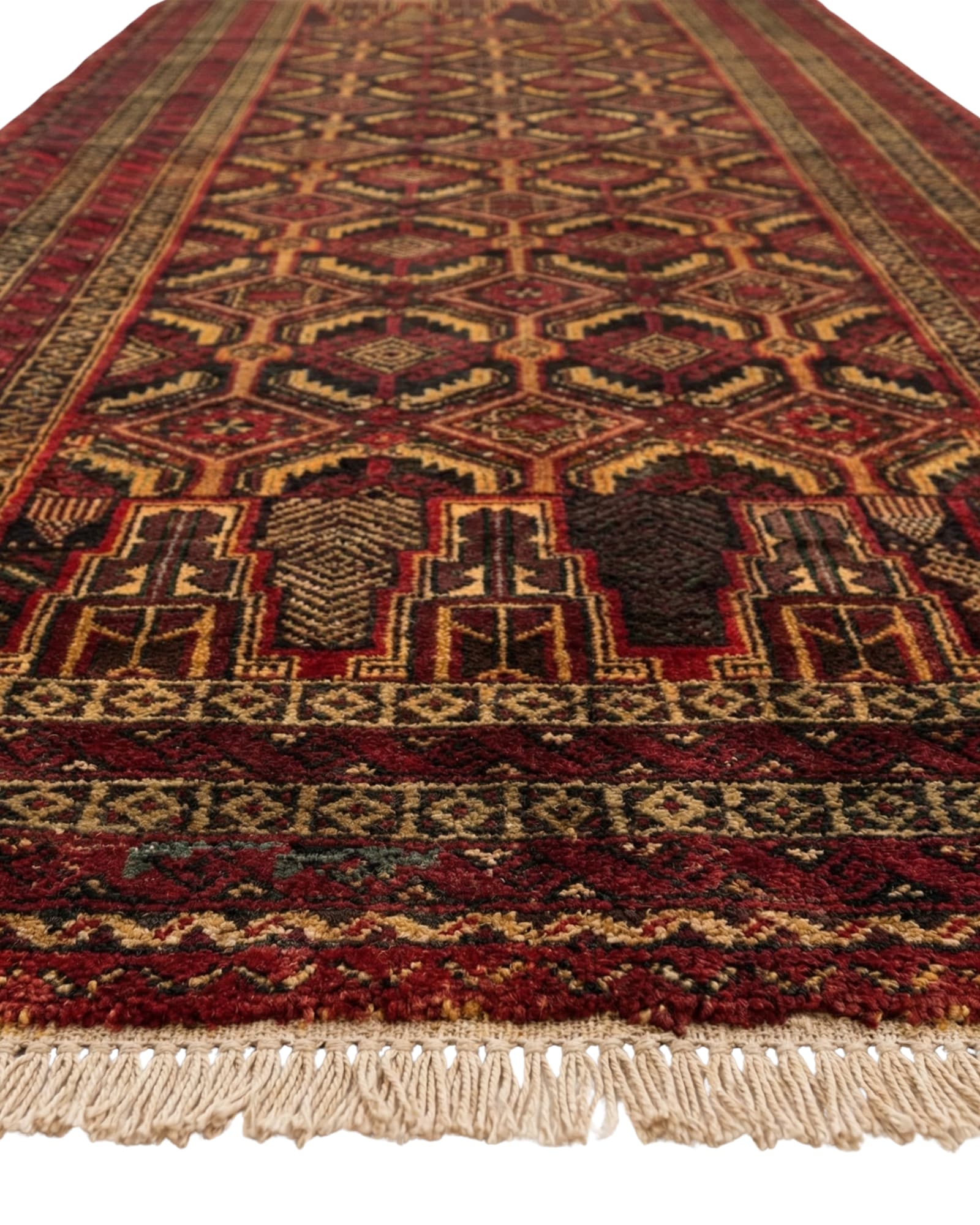 Balochi Prayer Lattice Rug, Balochi tribal rug, in red / burgundy, Wool, 106x213 cm, Nasim Carpets Malaysia — view 3