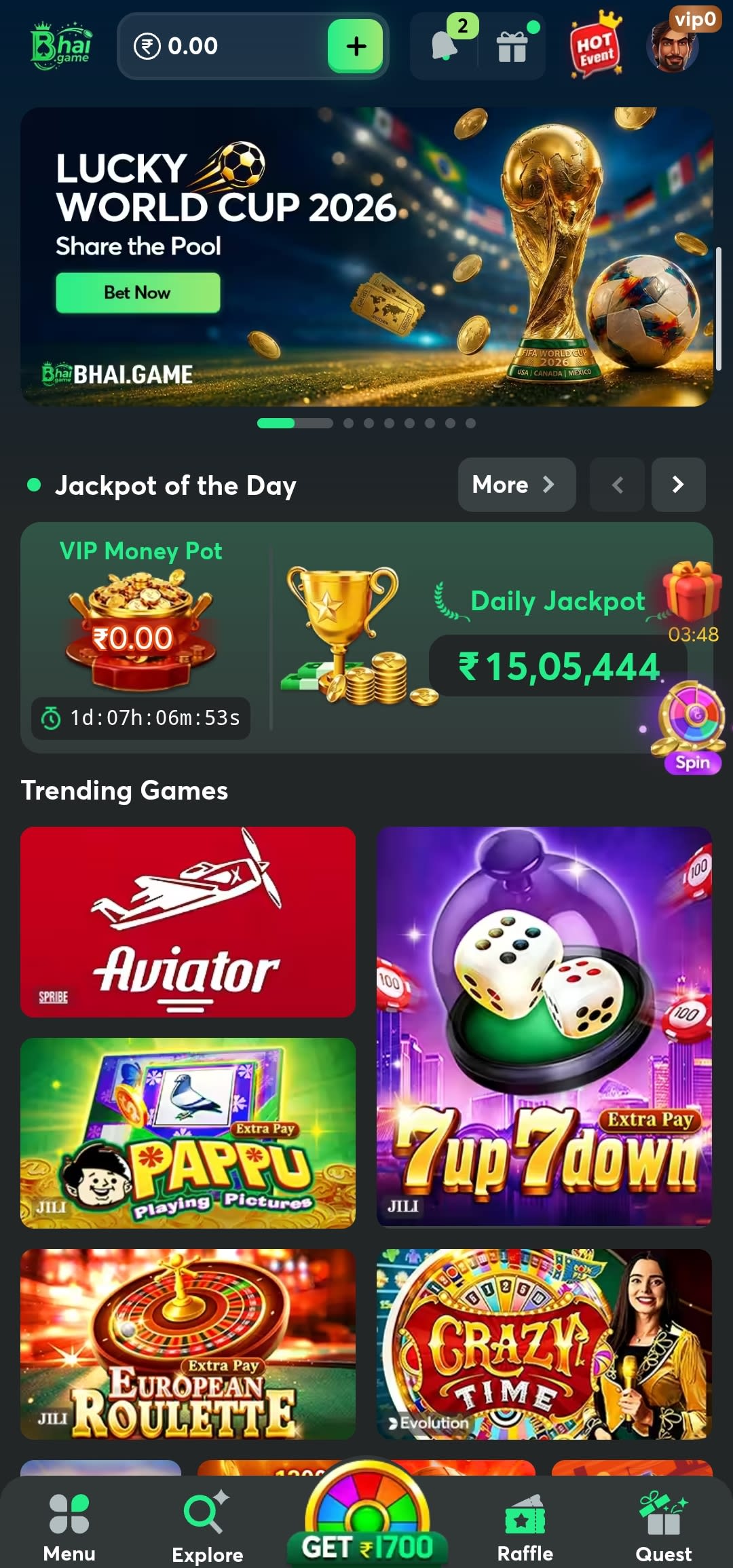 BhaiGame Home Screen — Bhai Game 500+ Slot Games Dashboard