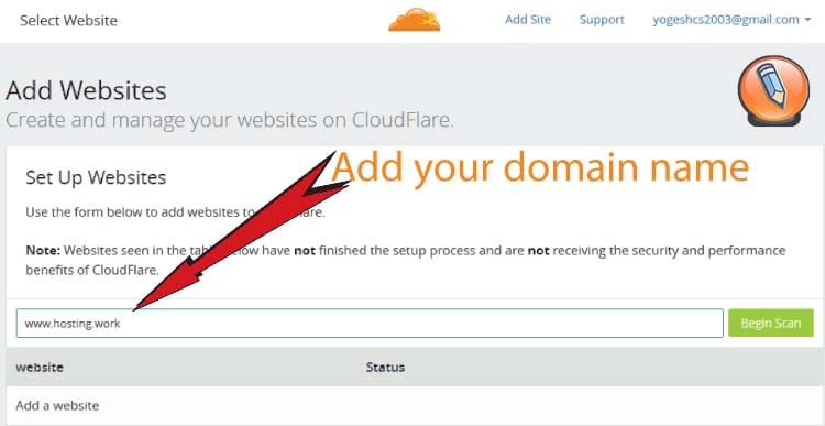 Добавление веб-сайта в CloudFlare